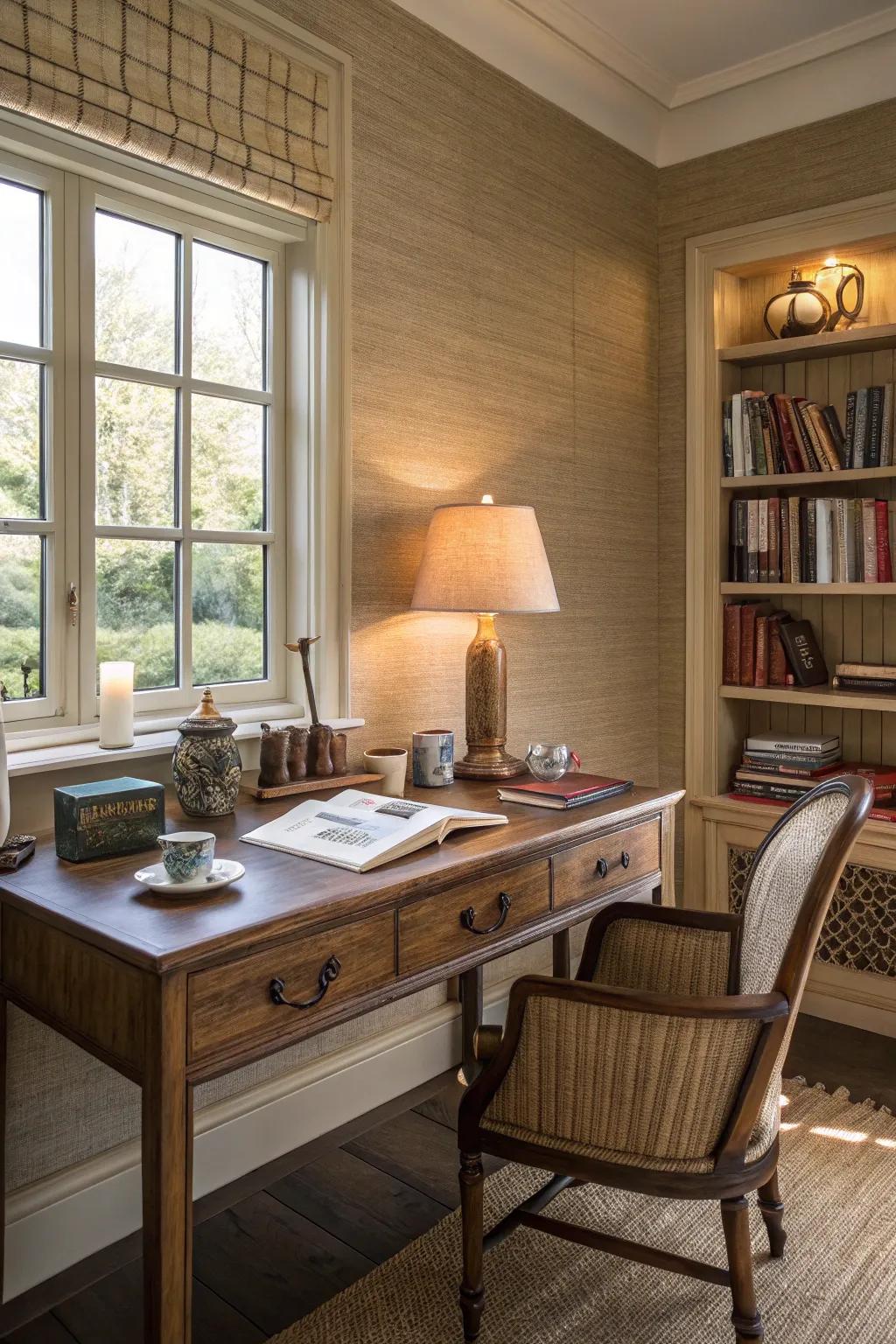 Grasscloth wallpaper enriches a study area with warmth and tactile interest.