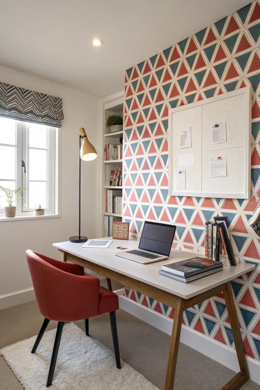 A modern study space featuring a captivating geometric wallpaper border.