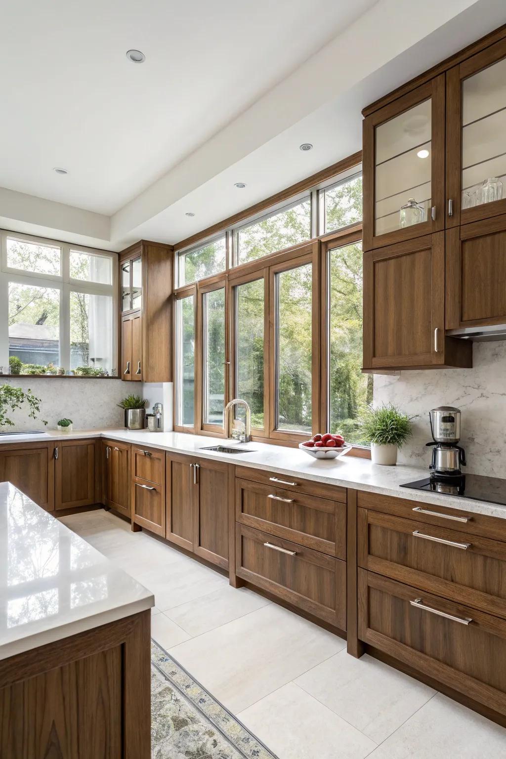 Pairing pale worktops with pecan finish cabinets delivers a harmonious design.