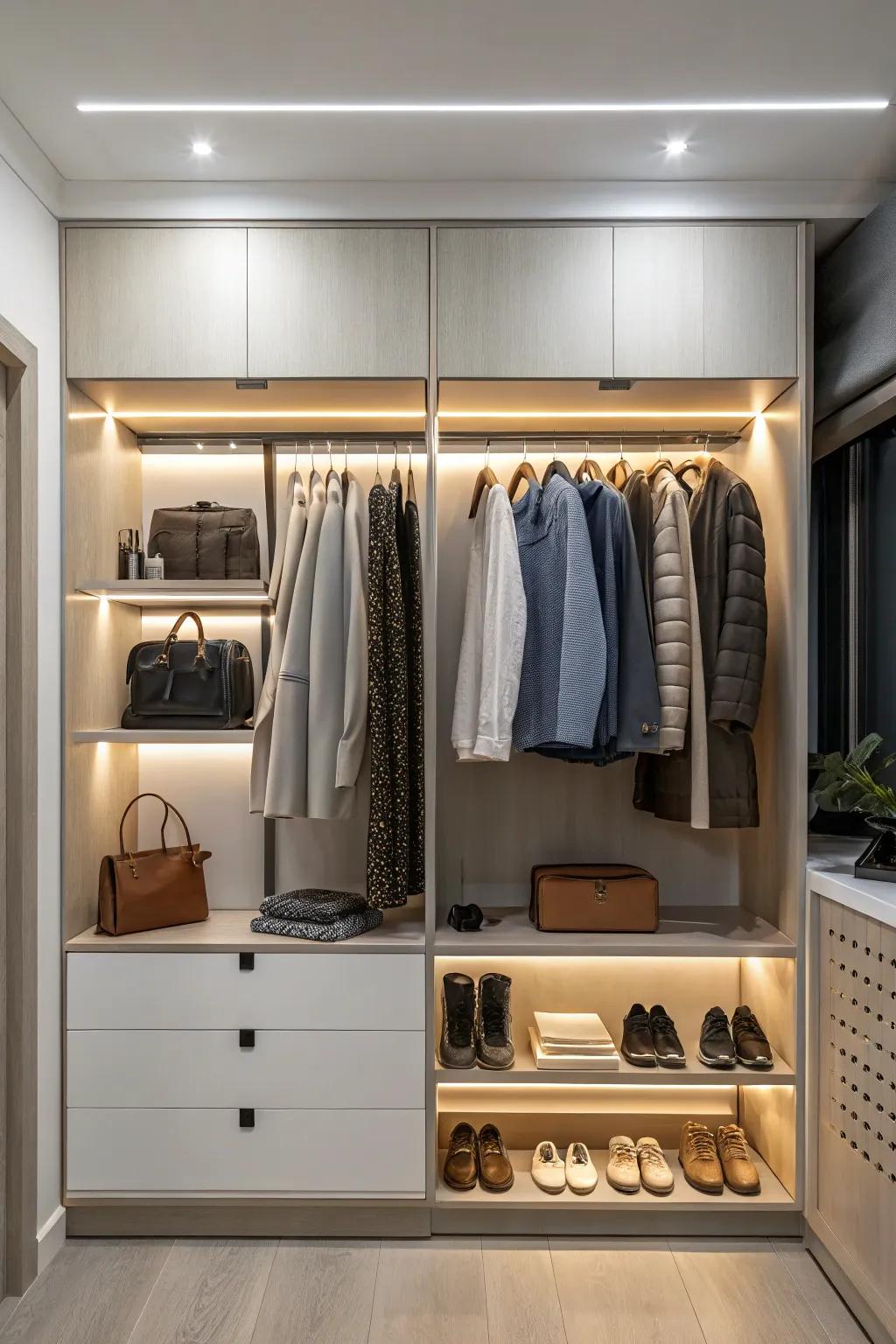 Integrated lighting transforms the wardrobe into a stylish, functional area.