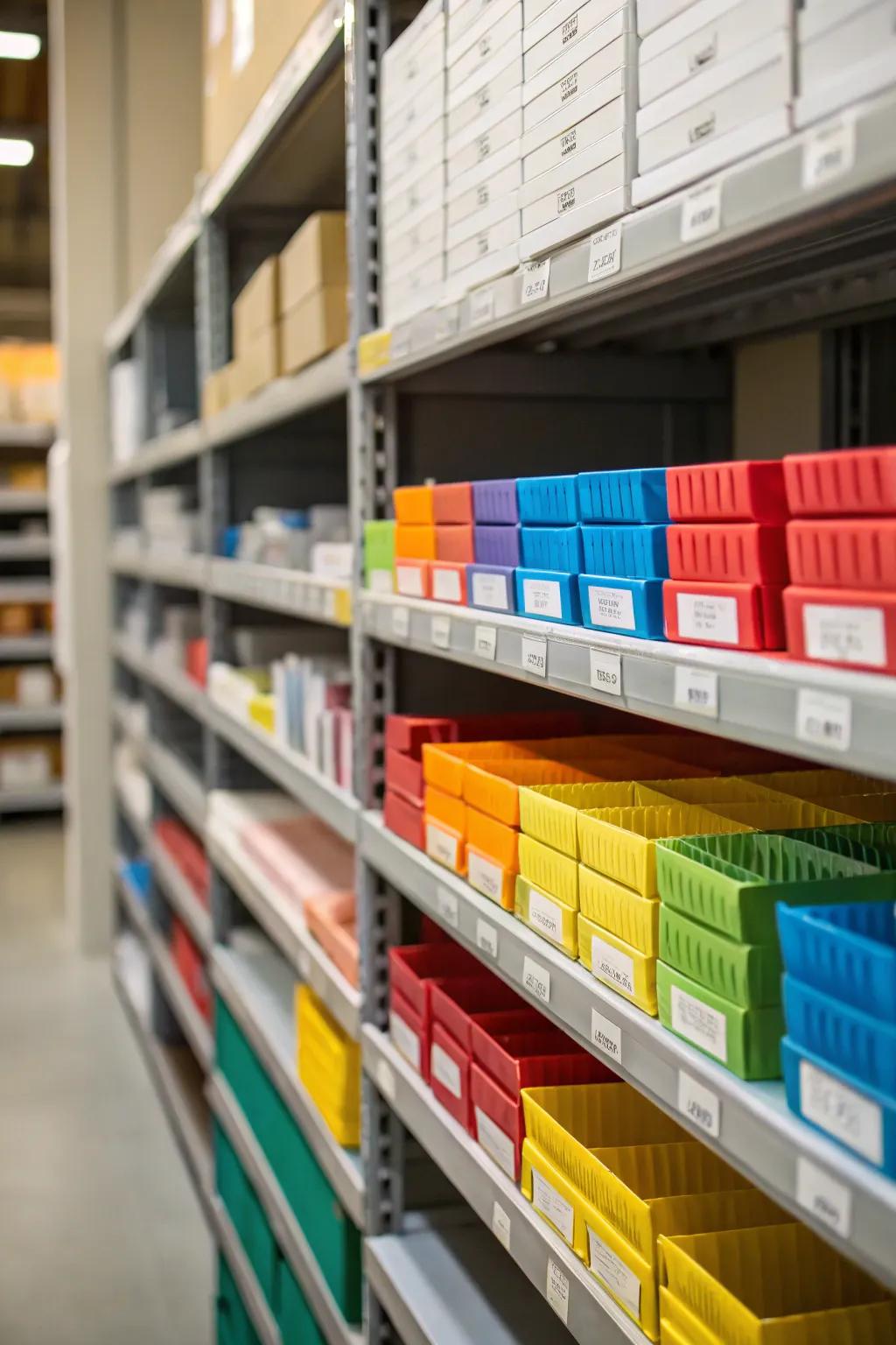 Color-coded labels enable quick item identification.
