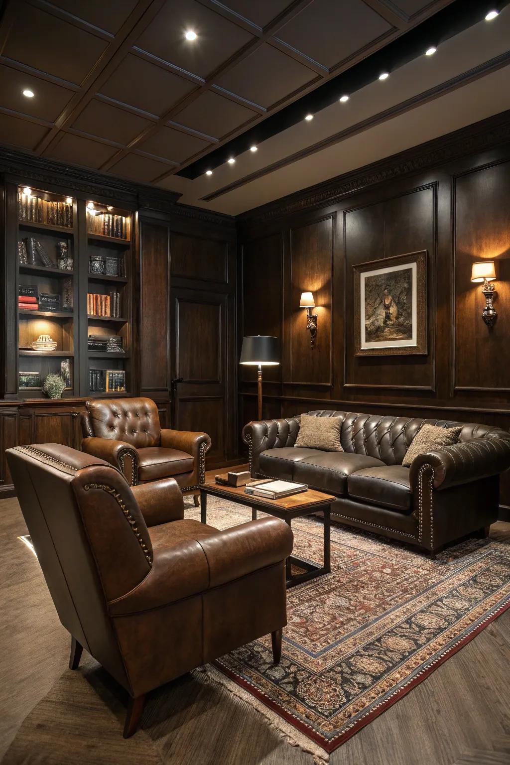 Hide furniture offers a blend of luxury and practicality in a masculine setting.