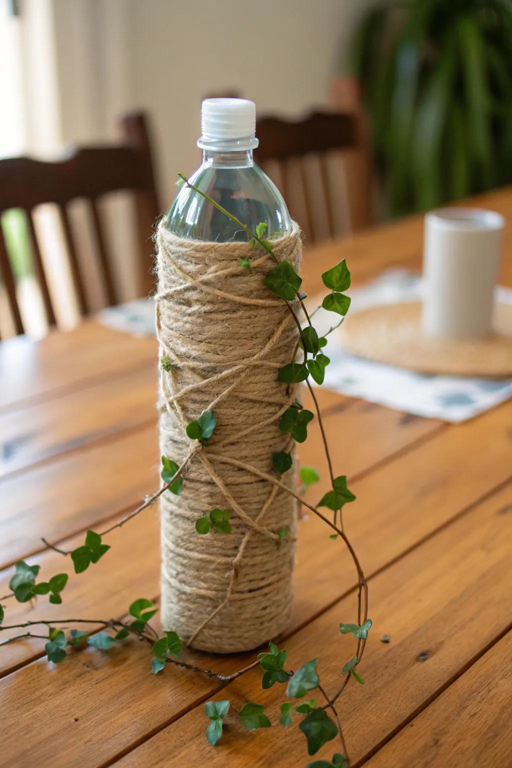 A rustic hydration bottle enveloped in fiber and embellished with imitation leaves.