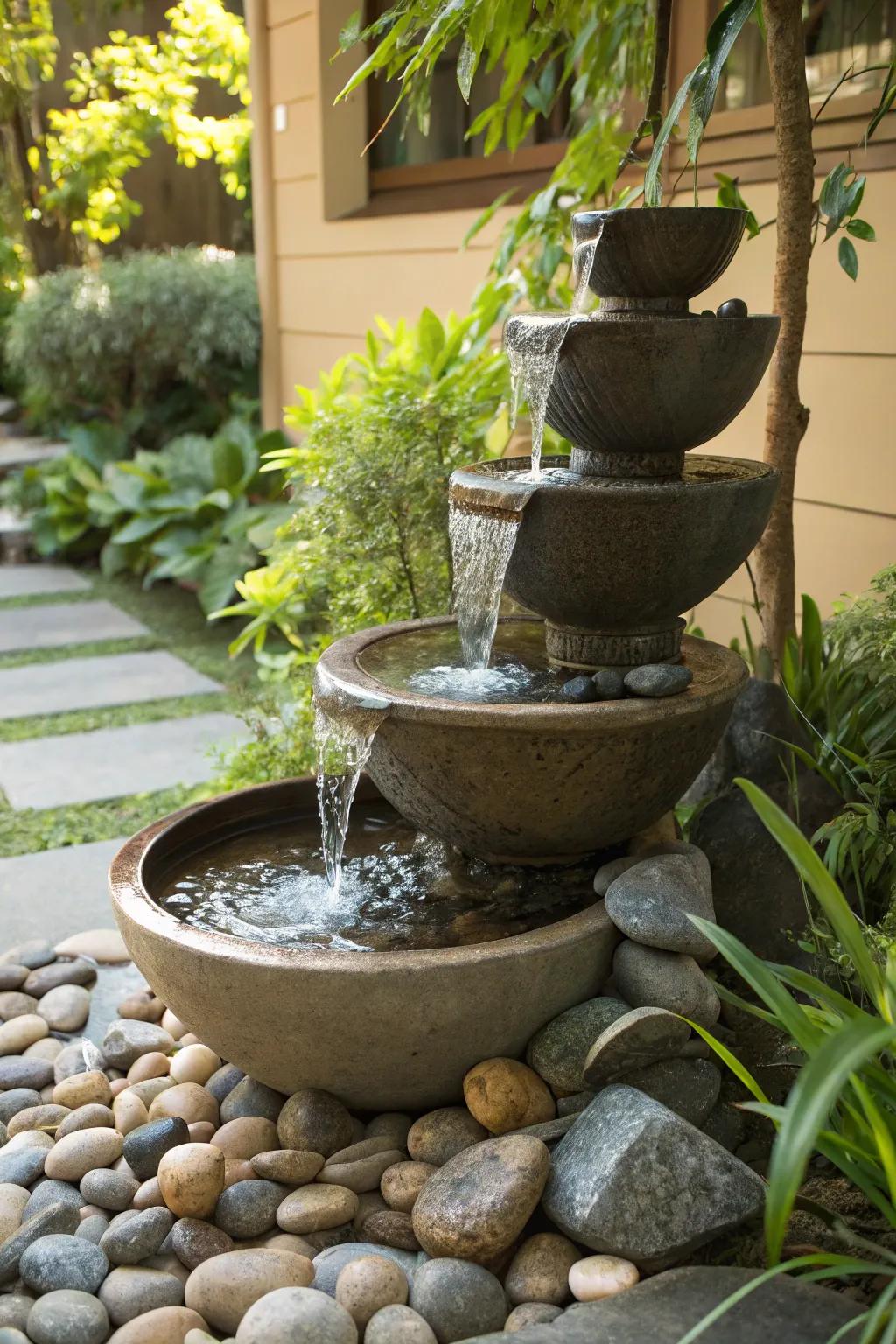 Layered dishes result in a straightforward yet stylish water feature.