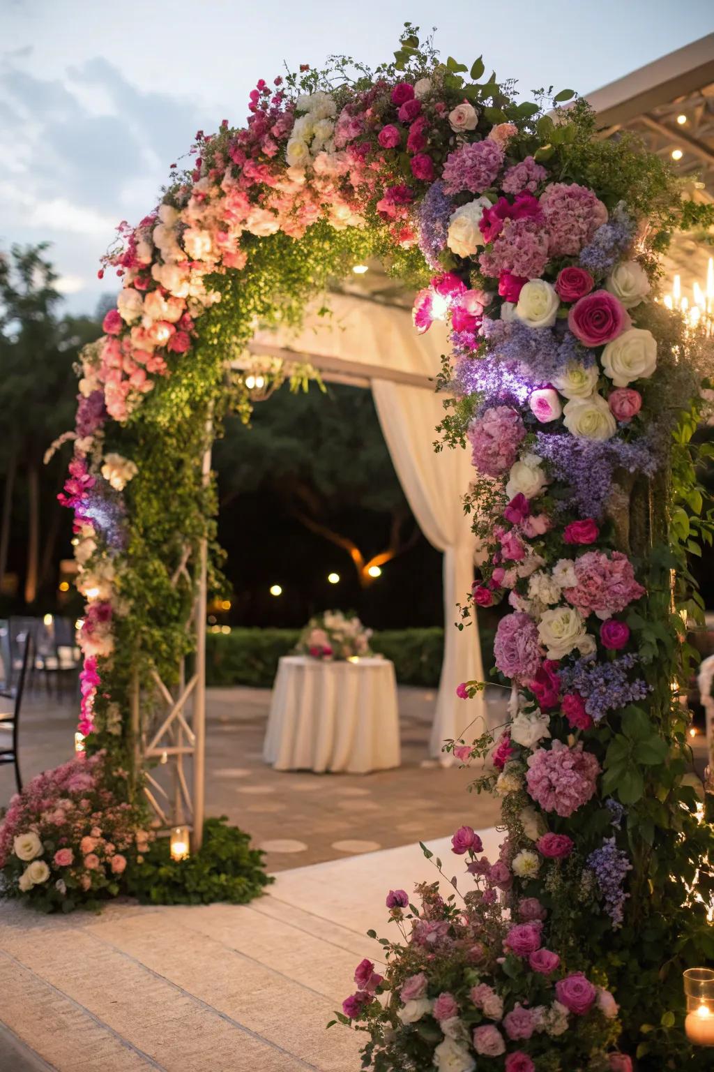 A vibrant floral arch, adding a burst of color to any wedding.