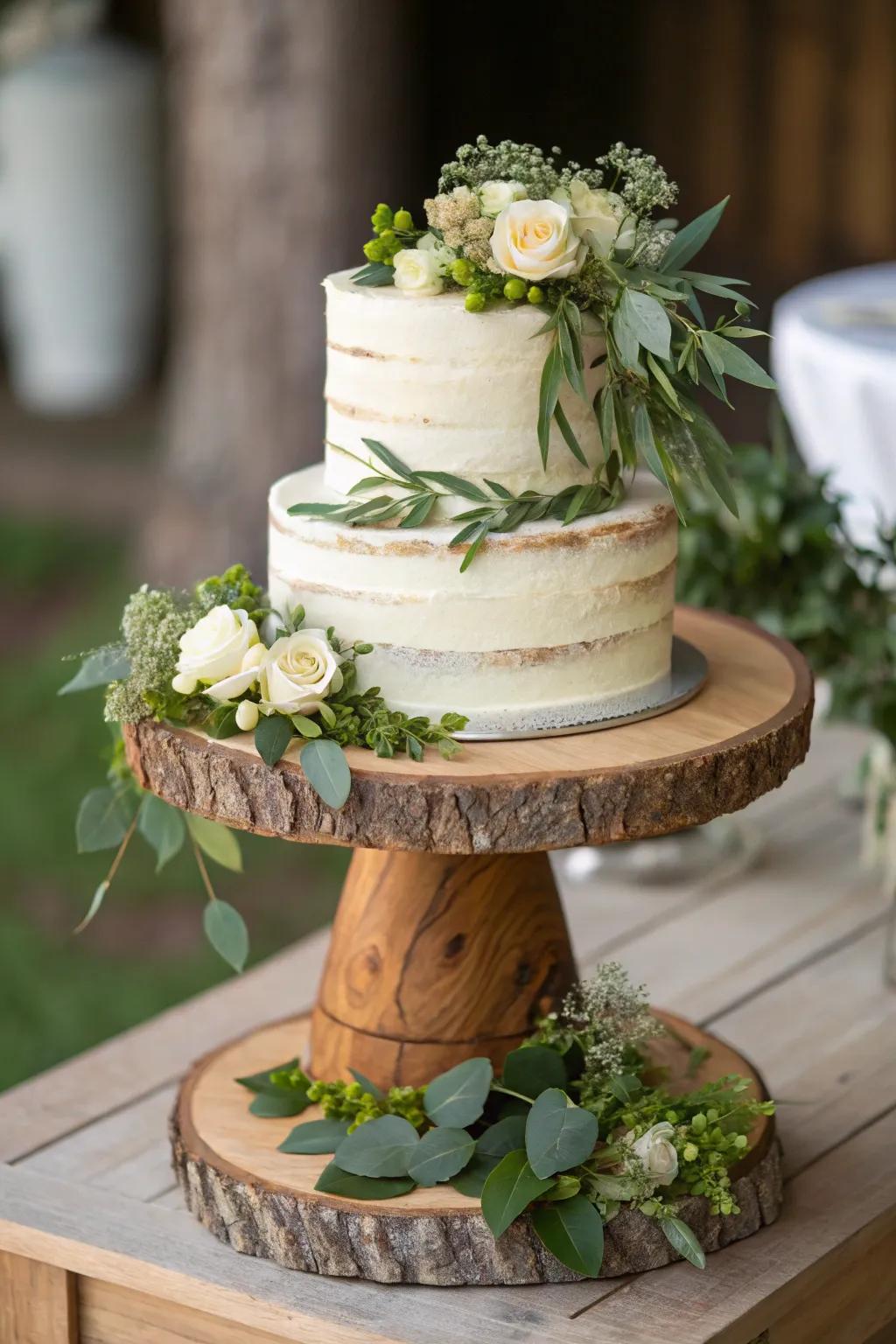A rustic-inspired cake on a timber plinth with foliage accents.
