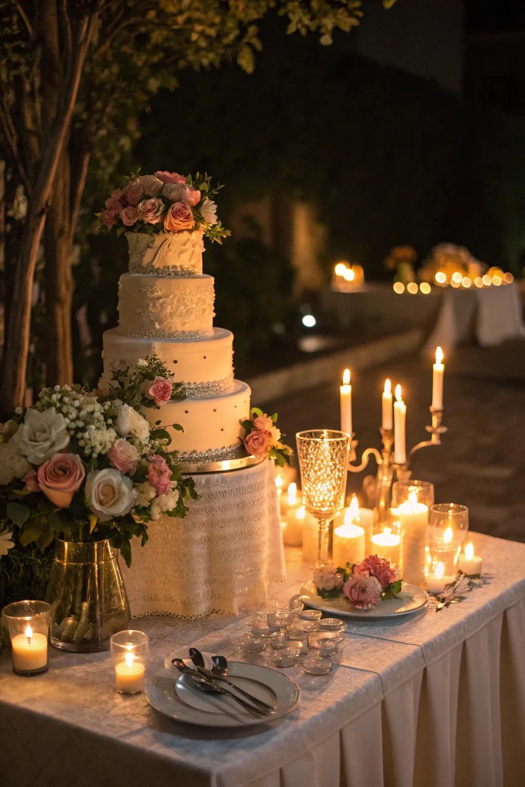 A cake display glowing softly from the illumination of candles.