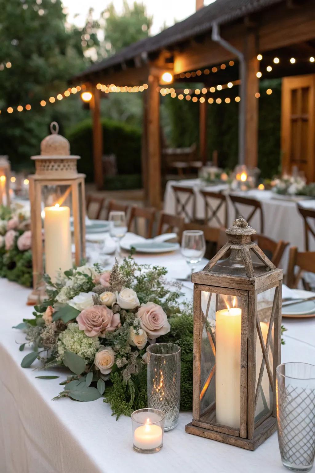 Soft lighting creates an intimate and romantic ambiance for a wedding reception.