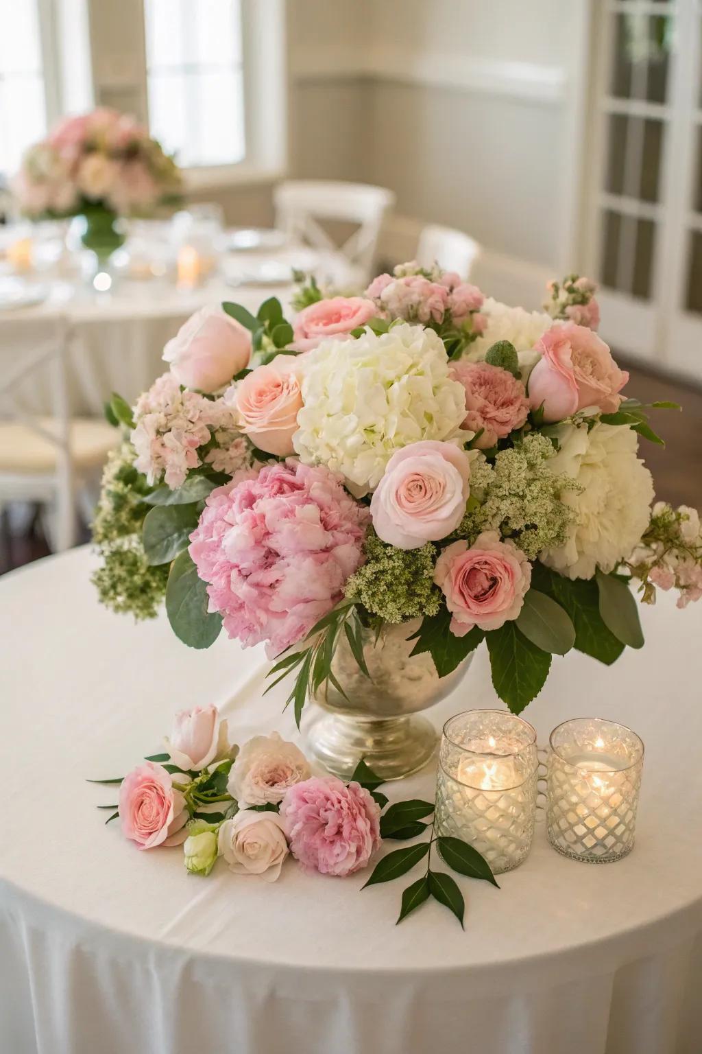 A generous floral centerpiece ideal for a garden-themed wedding.