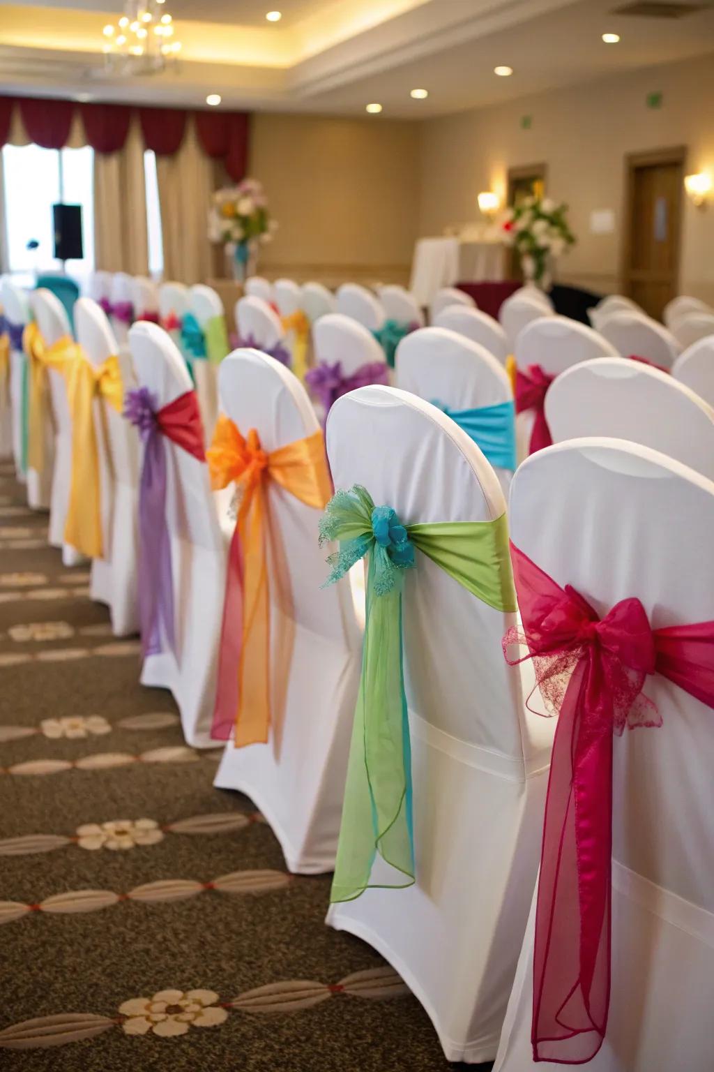 Brighten your wedding seating with bands and ornamental ties that complement your motif.