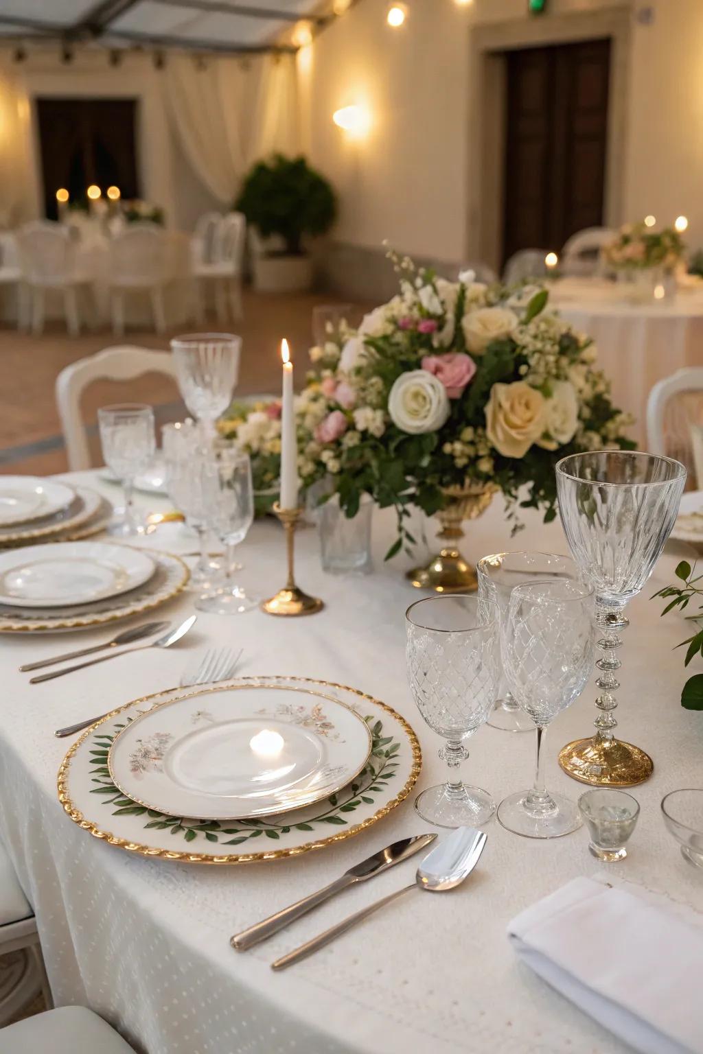 A wedding table that's been elegantly arranged with fine china and glassware, ideal for an elegant wedding reception.