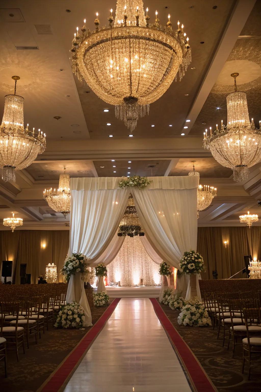 Blend ornate lighting and textiles for an extravagant wedding atmosphere.