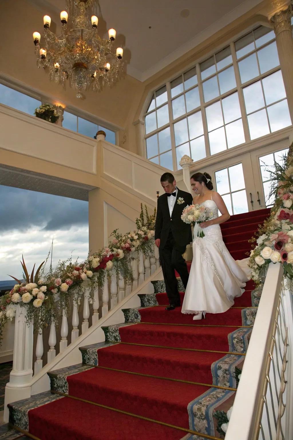 A wedding duo makes a stunning entrance down a beautifully decorated stairway.