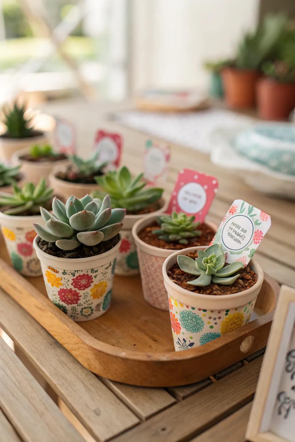Diminutive potted greenery as environmentally considerate wedding keepsakes