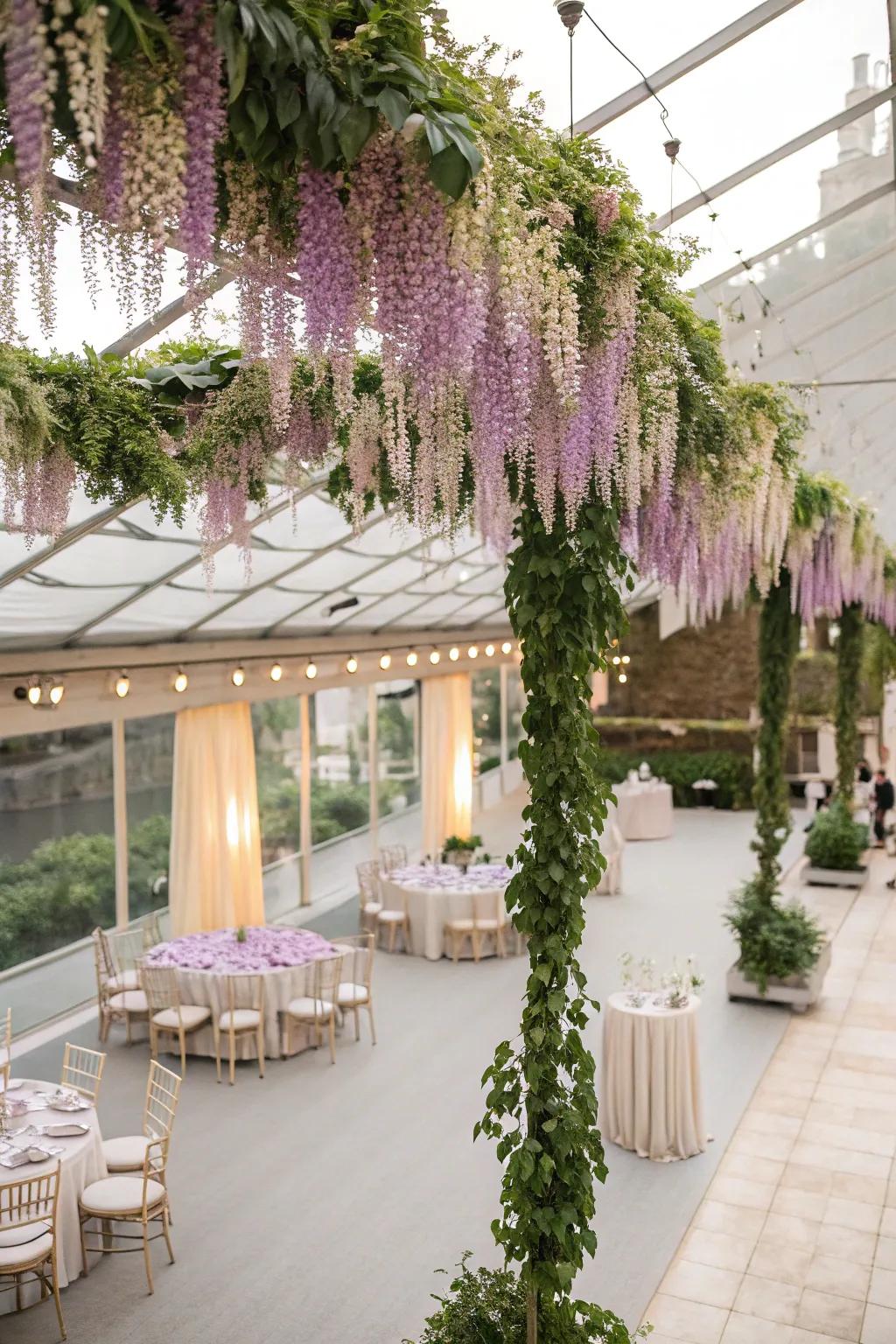 Enchanting hanging floral installations create a magical atmosphere