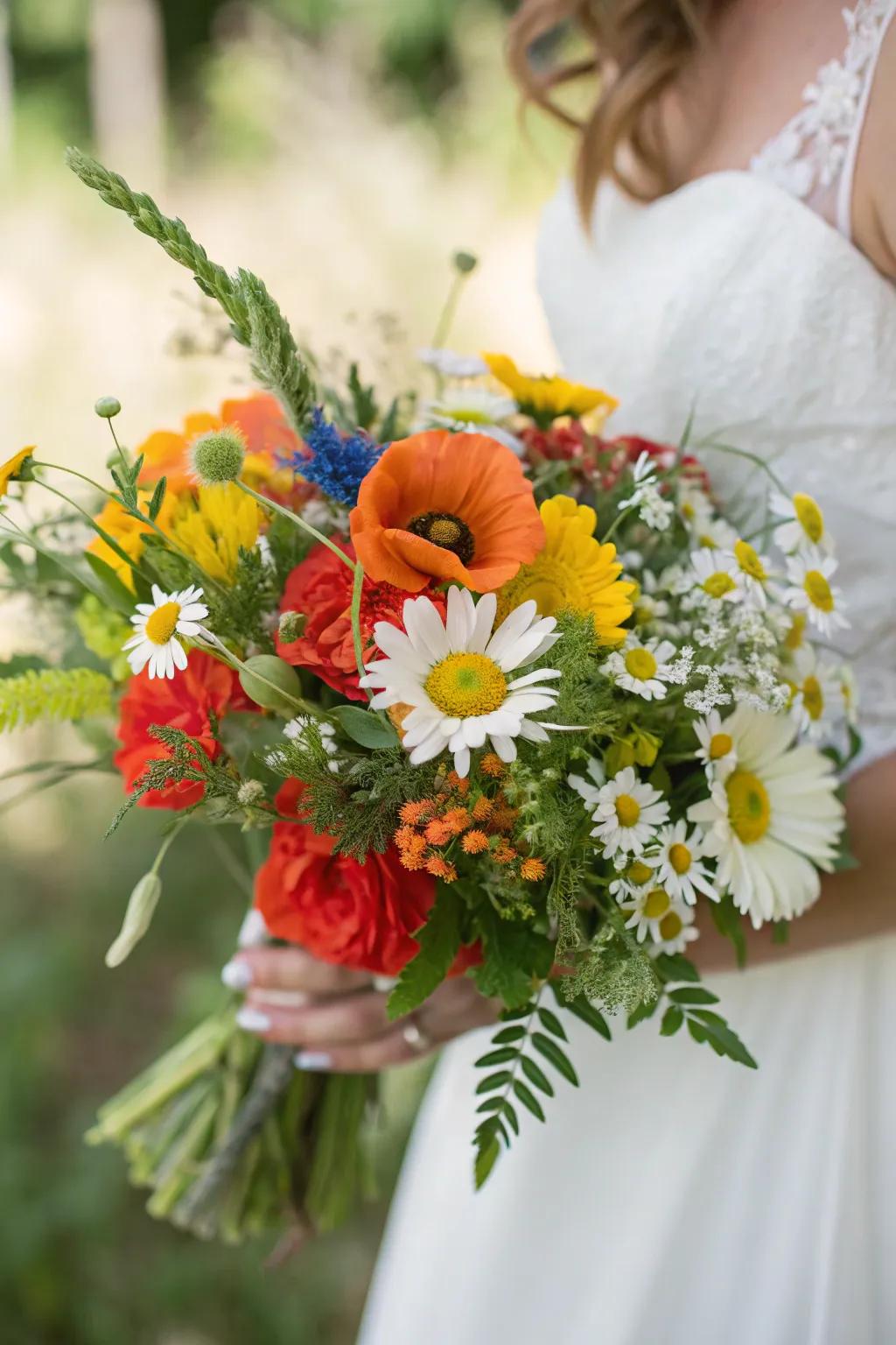 A lively native blossom bridal arrangement, perfect for bohemian weddings.
