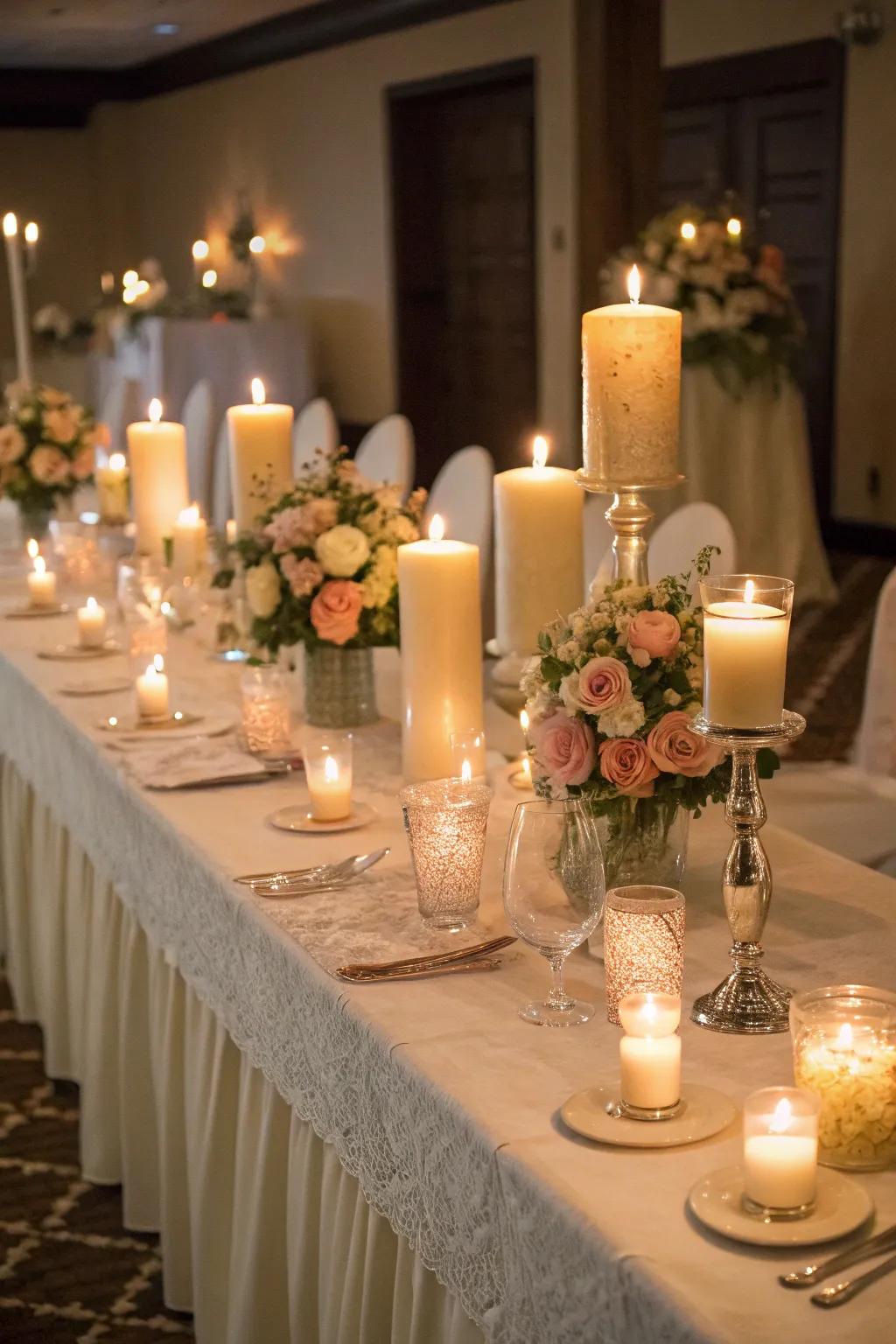 A wedding head table enhanced by the comforting glow of candlelight.