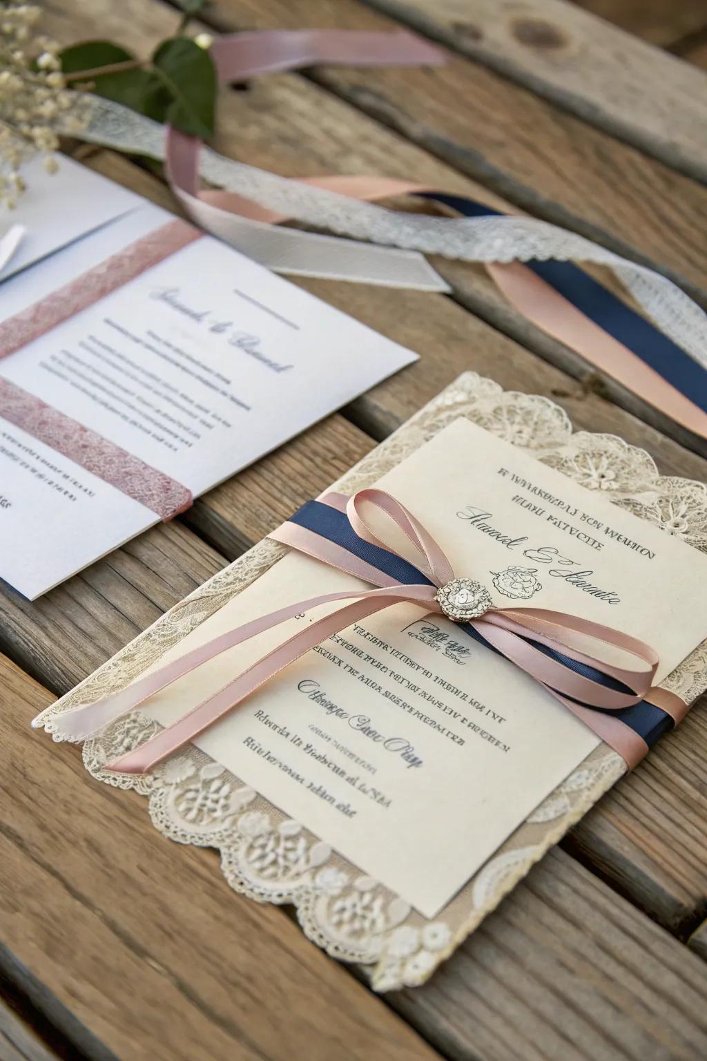 An exquisite wedding invitation adorned with layered ribbons.