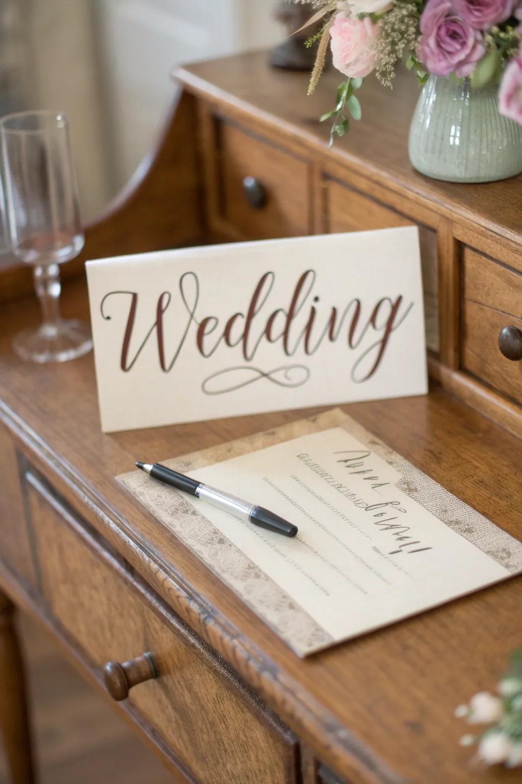 A wedding registry card showcasing a personal touch through cursive fonts.