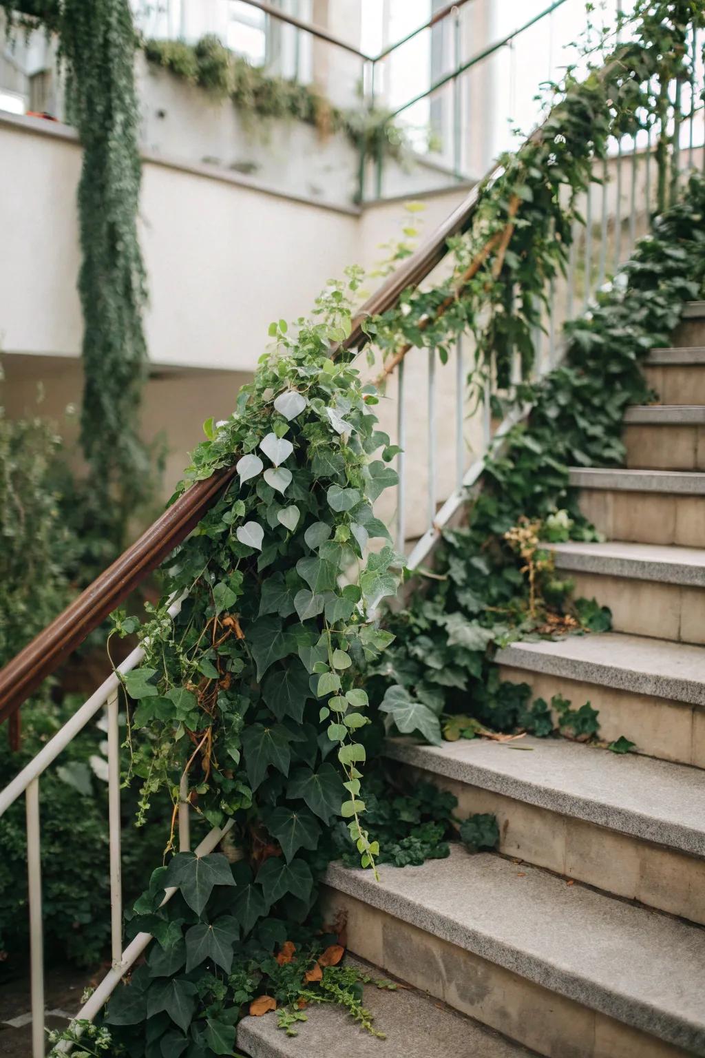 Eucalyptus and ivy impart a revitalizing, natural vibe to this wedding staircase.