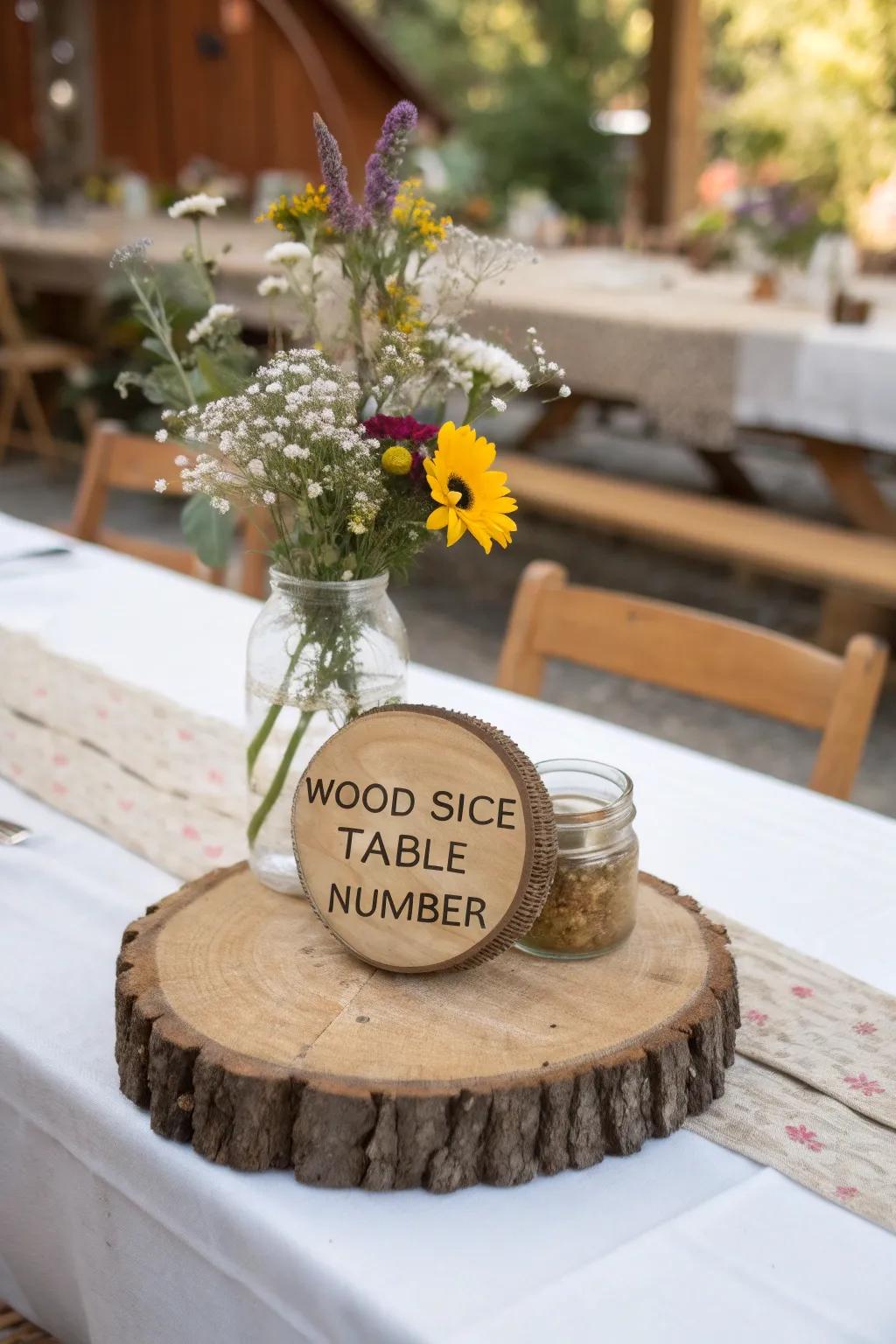 Your wedding tables will have a charming touch thanks to the rustic tree rounds.