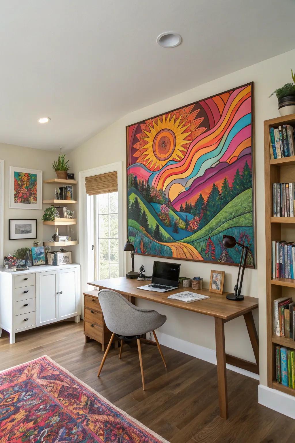 A psychedelic scene transforming the ambiance with its vivid palette.