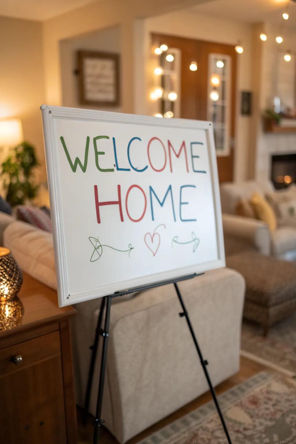 A personalized welcome note on a display board in a comfortable setting.