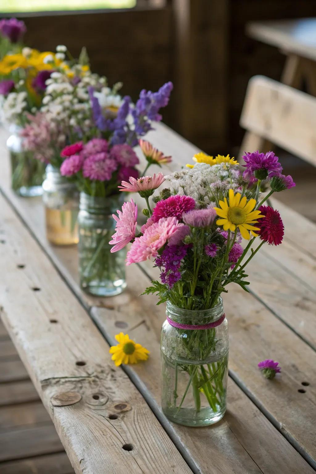 Preserving pots brimming with wildflowers make a simple yet striking centerpiece.