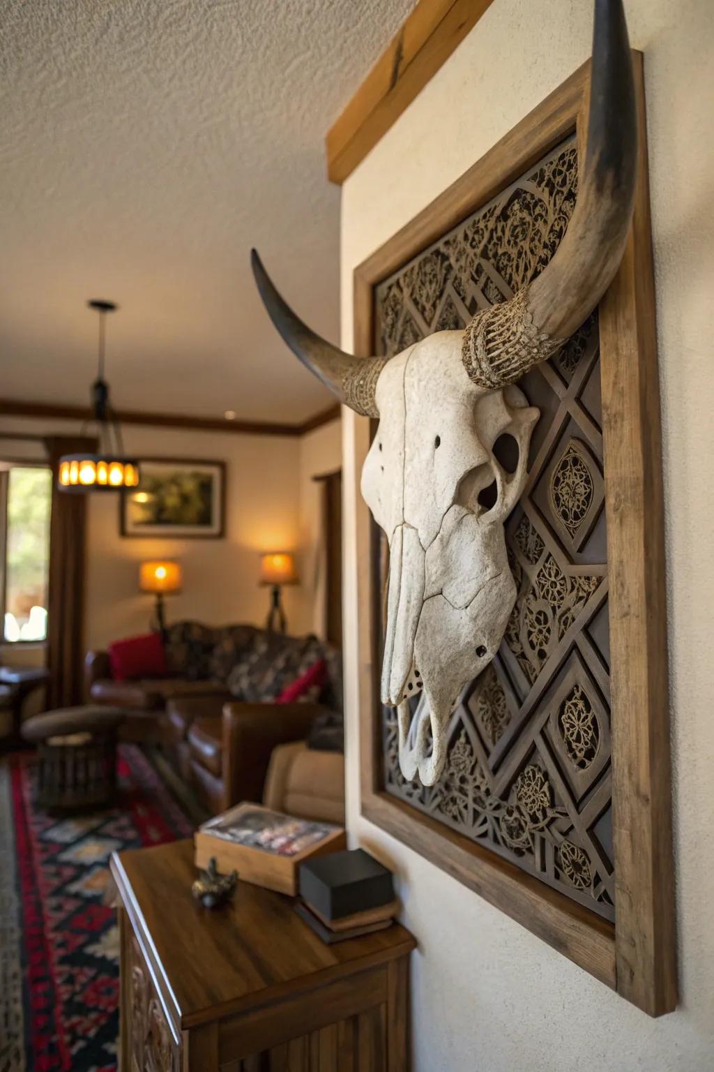 Elaborately carved bovine skull as a wall centerpiece.