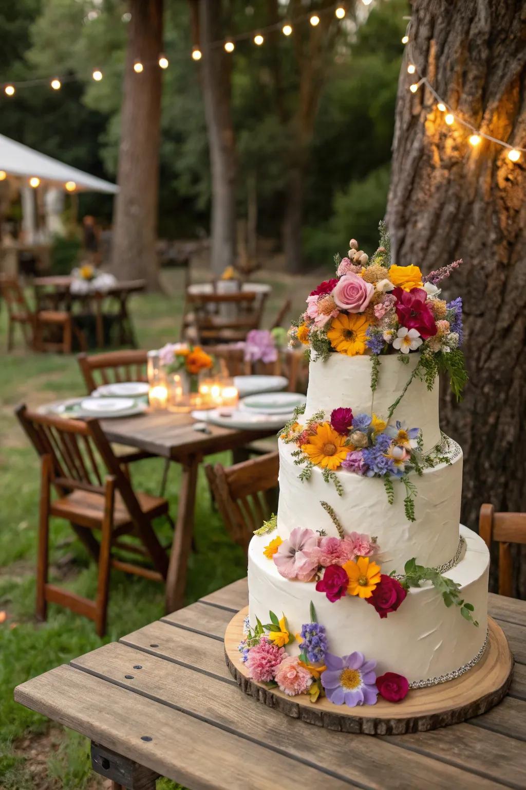 Wedding cake embellished with vibrant edible blossoms.