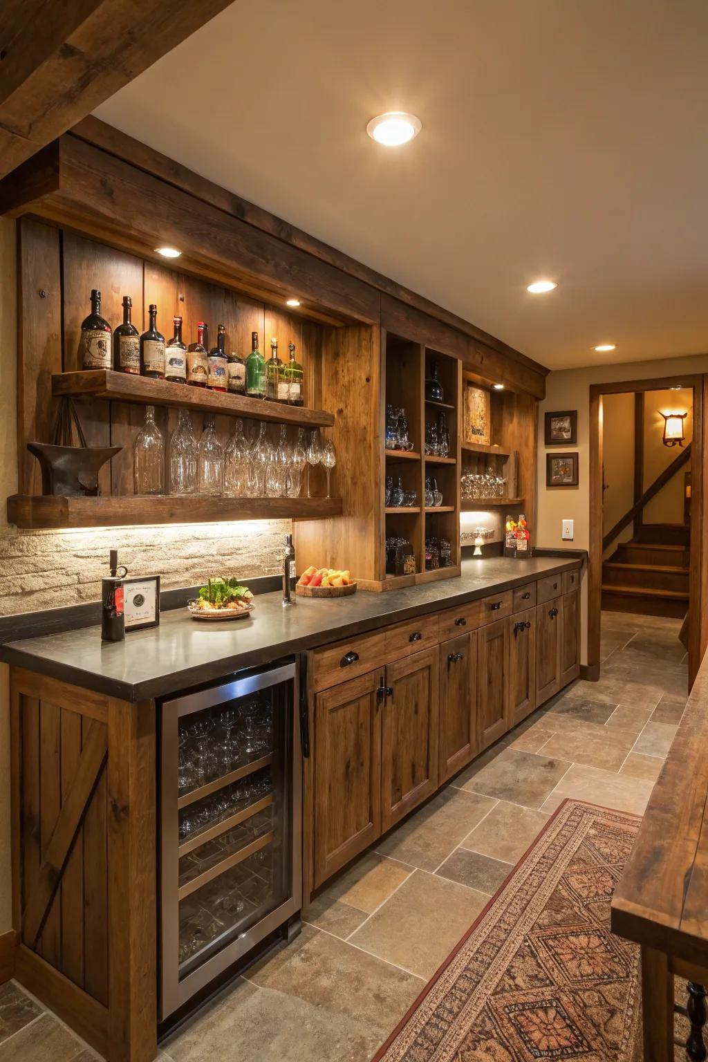 Restored lumber enriches your wet bar with rustic appeal, creating an inviting and distinct setting.
