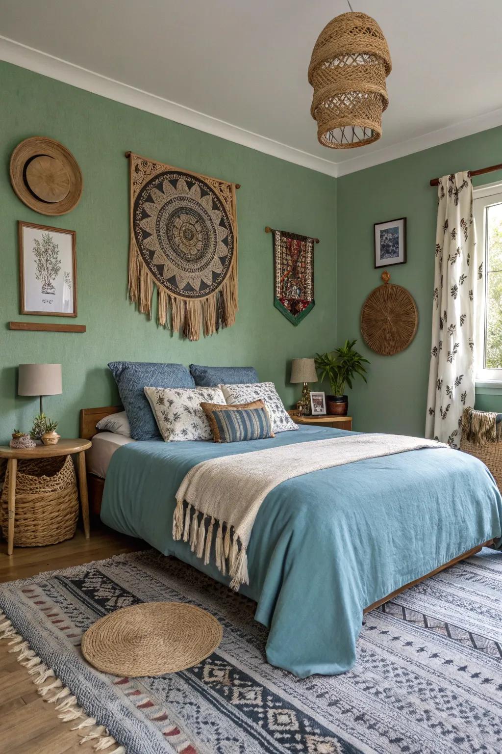 Sleeping quarters showcasing subdued green walls and blue highlights.