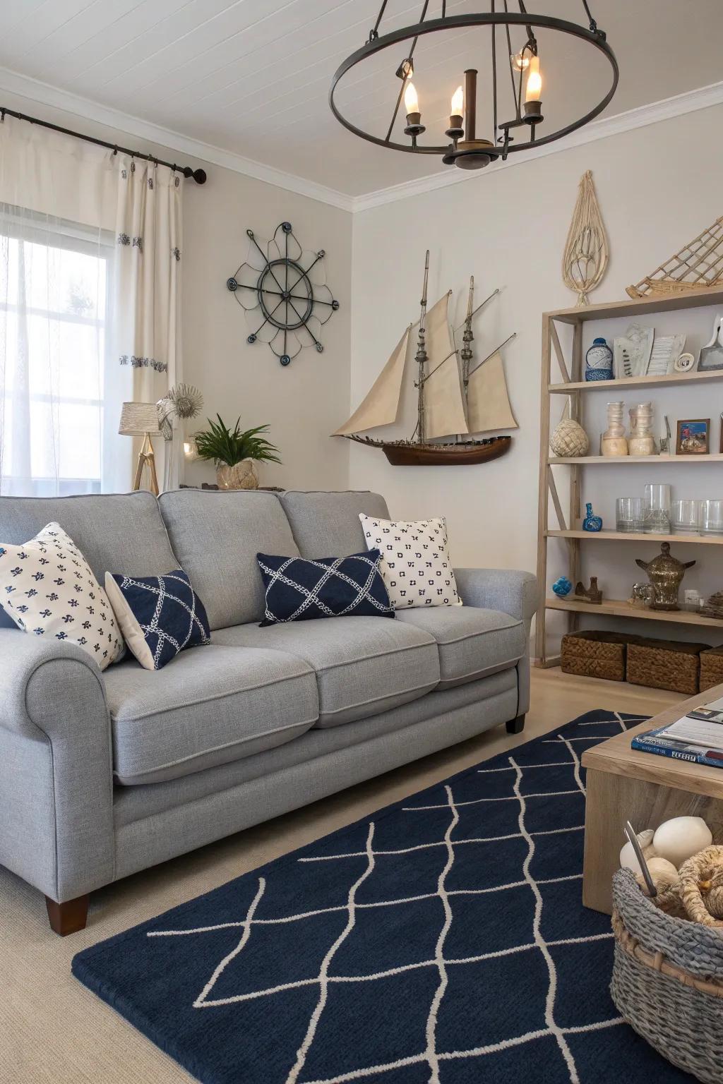 Deep blue rugs provide a striking and refined contrast to grey sofas.