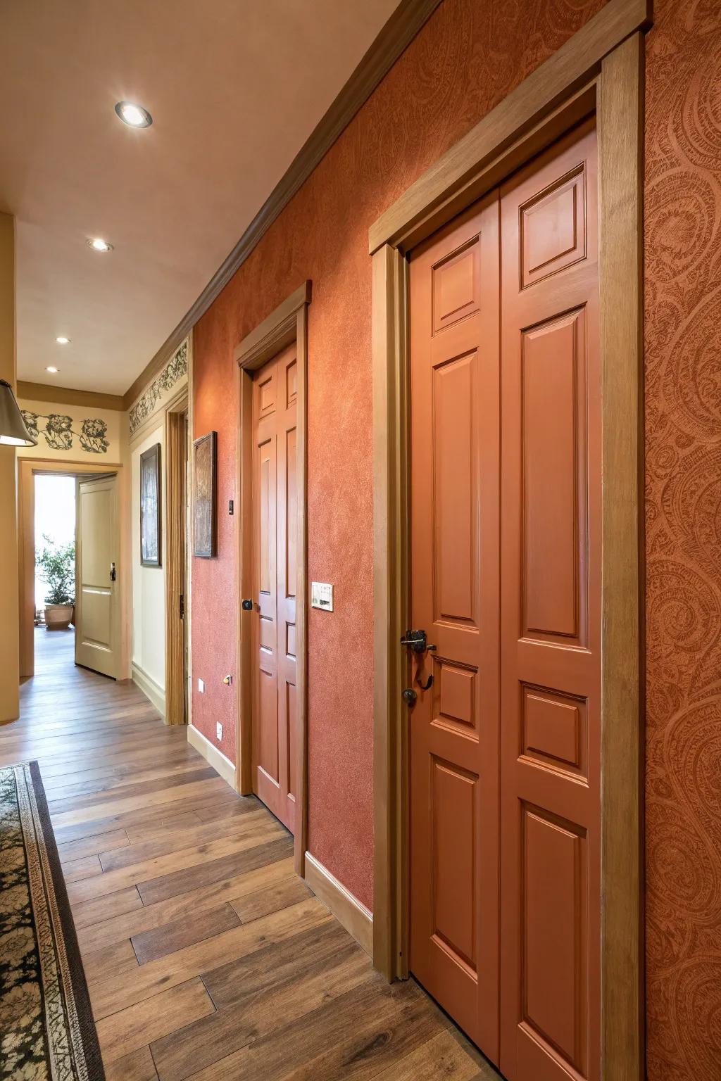Warm, earthy shades on doors foster a cozy ambiance.