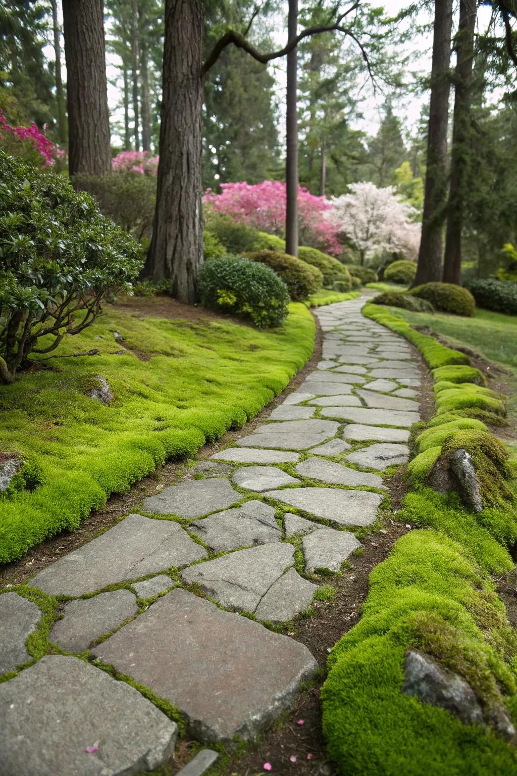 Lush moss nestled between pavers, adding a soft, verdant touch.
