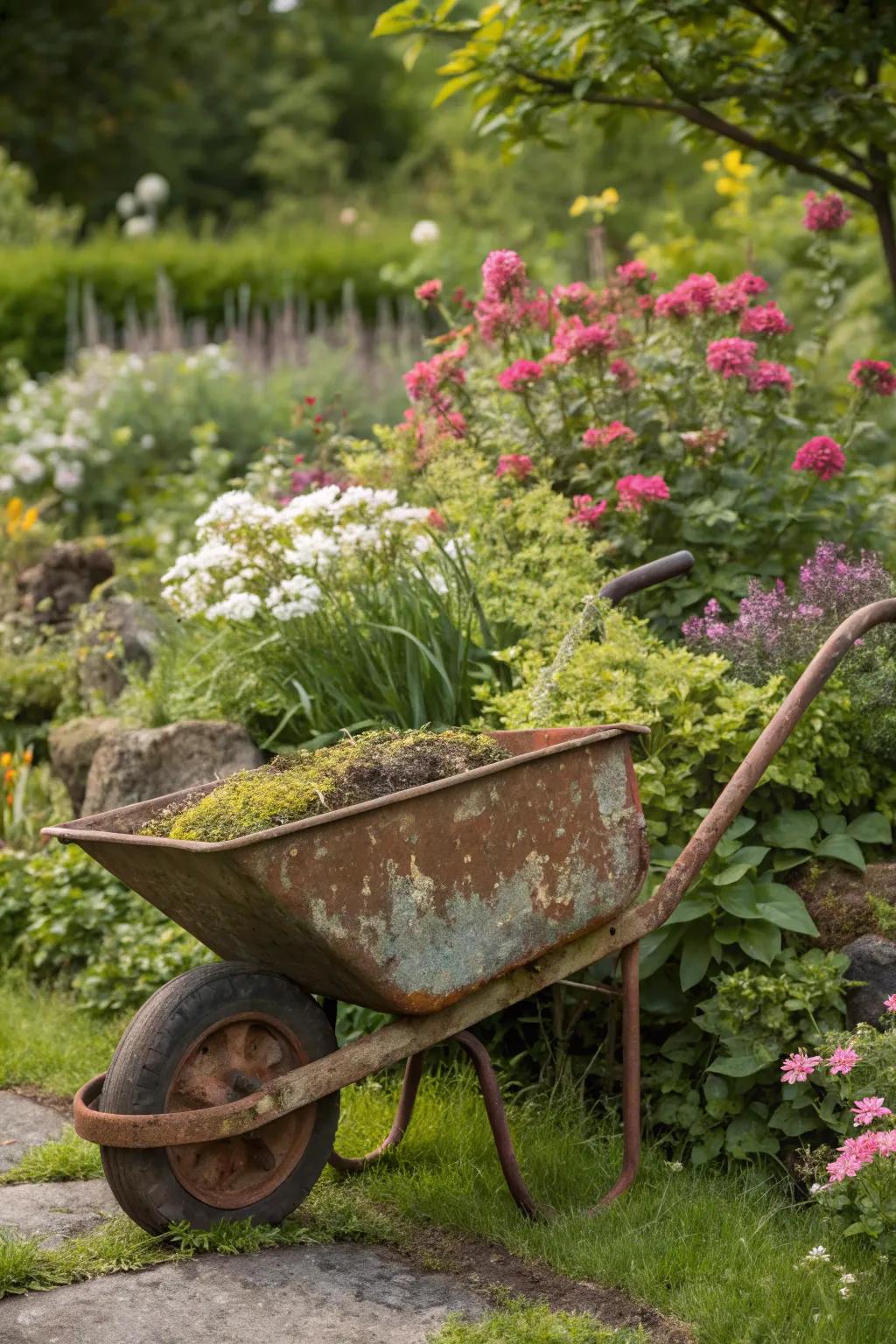 Vintage beauty with a rustic wheelbarrow.