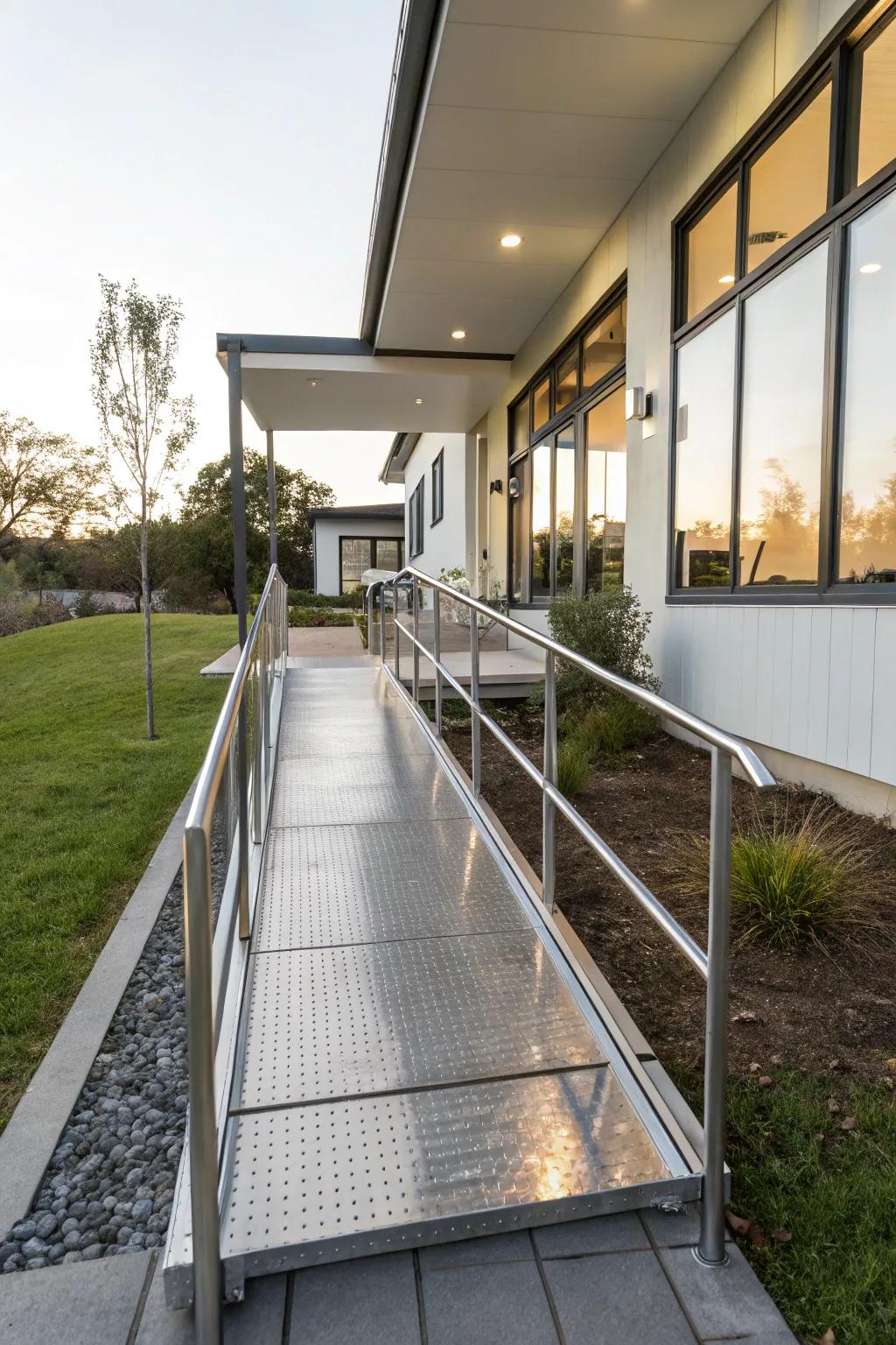 A contemporary metal ramp providing a stylish and sturdy entrance.