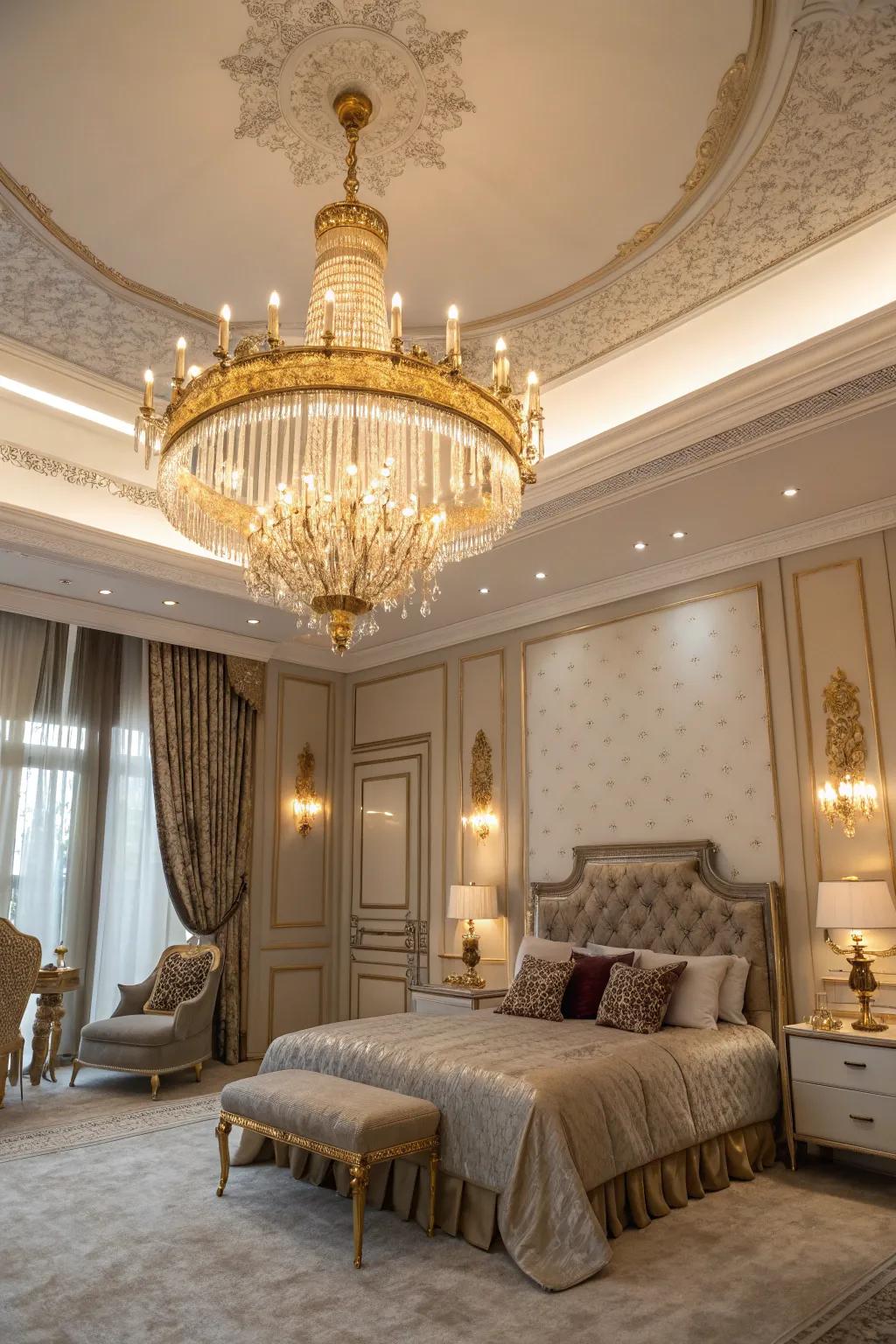 A gold chandelier imbues a sense of luxury and warmth.