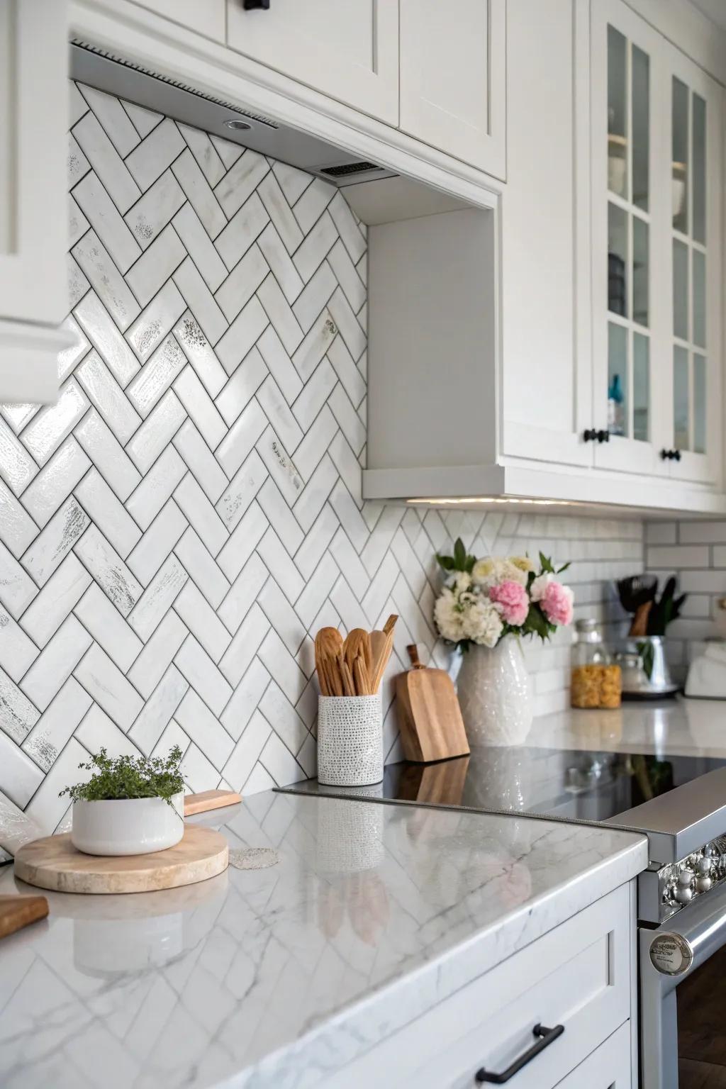 White zigzag tiles imbue texture and refinement.