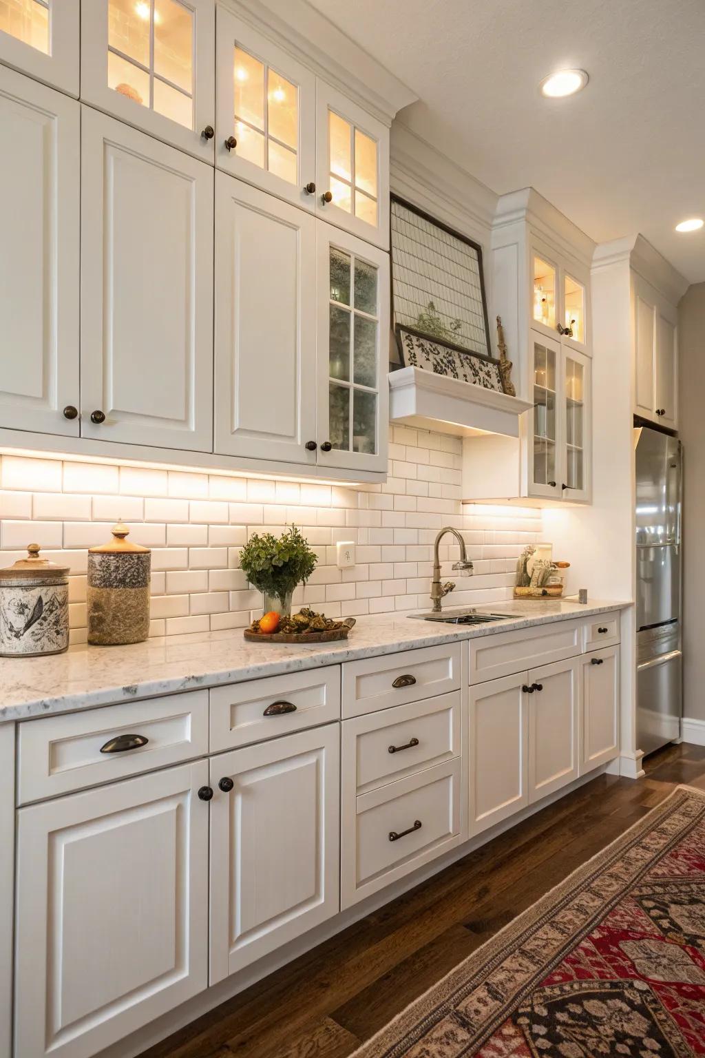 Timeless white rectangular tiles complementing the clean lines of white cabinets.
