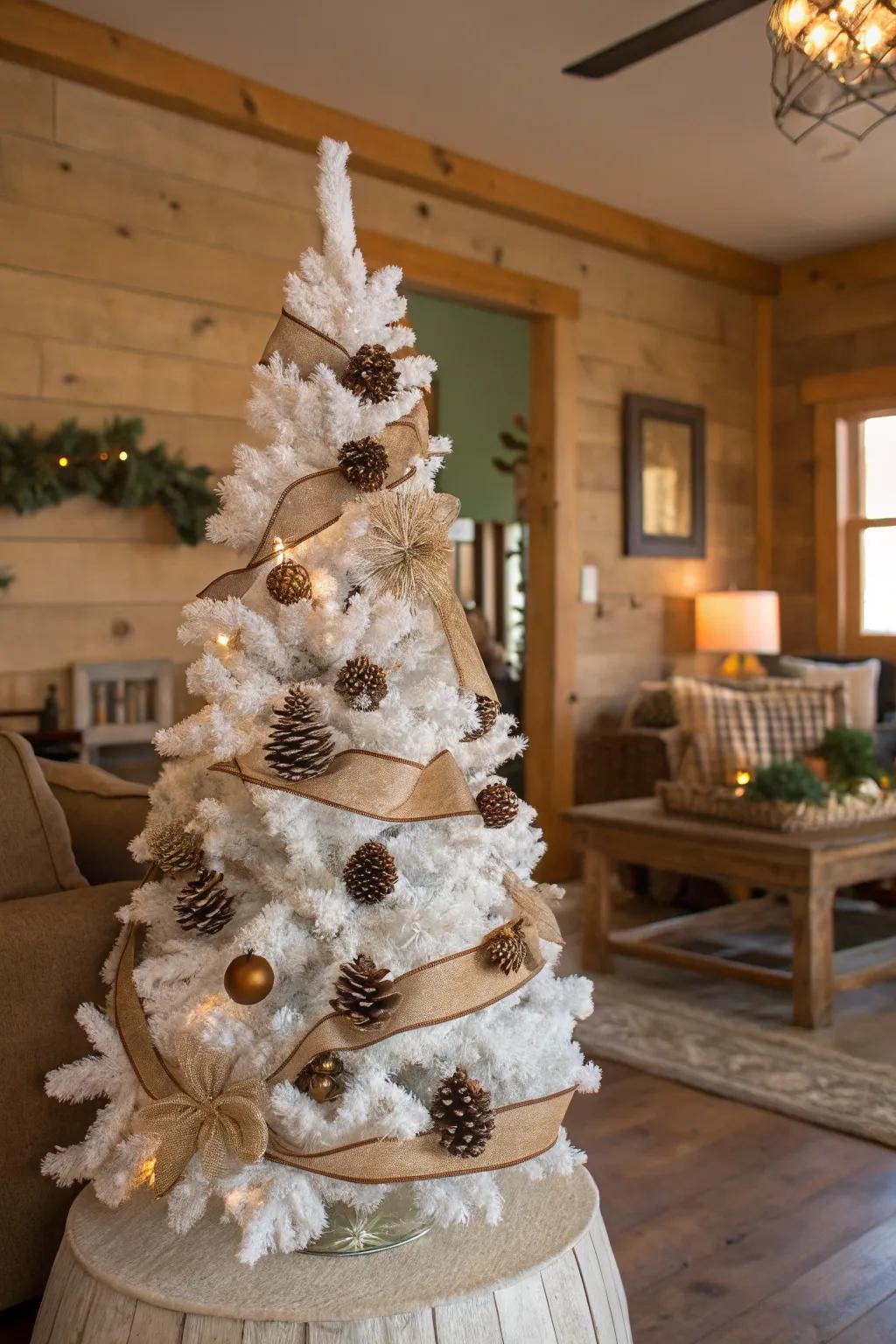 Down-to-earth charm via burlap and cone decorations on a white Christmas tree.