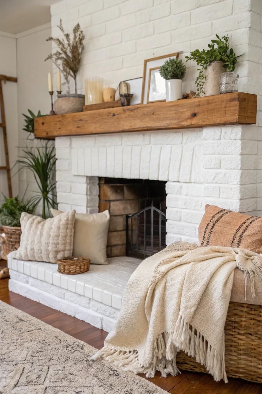 A rustic yet modern white brick fireplace with a charming wooden mantel.