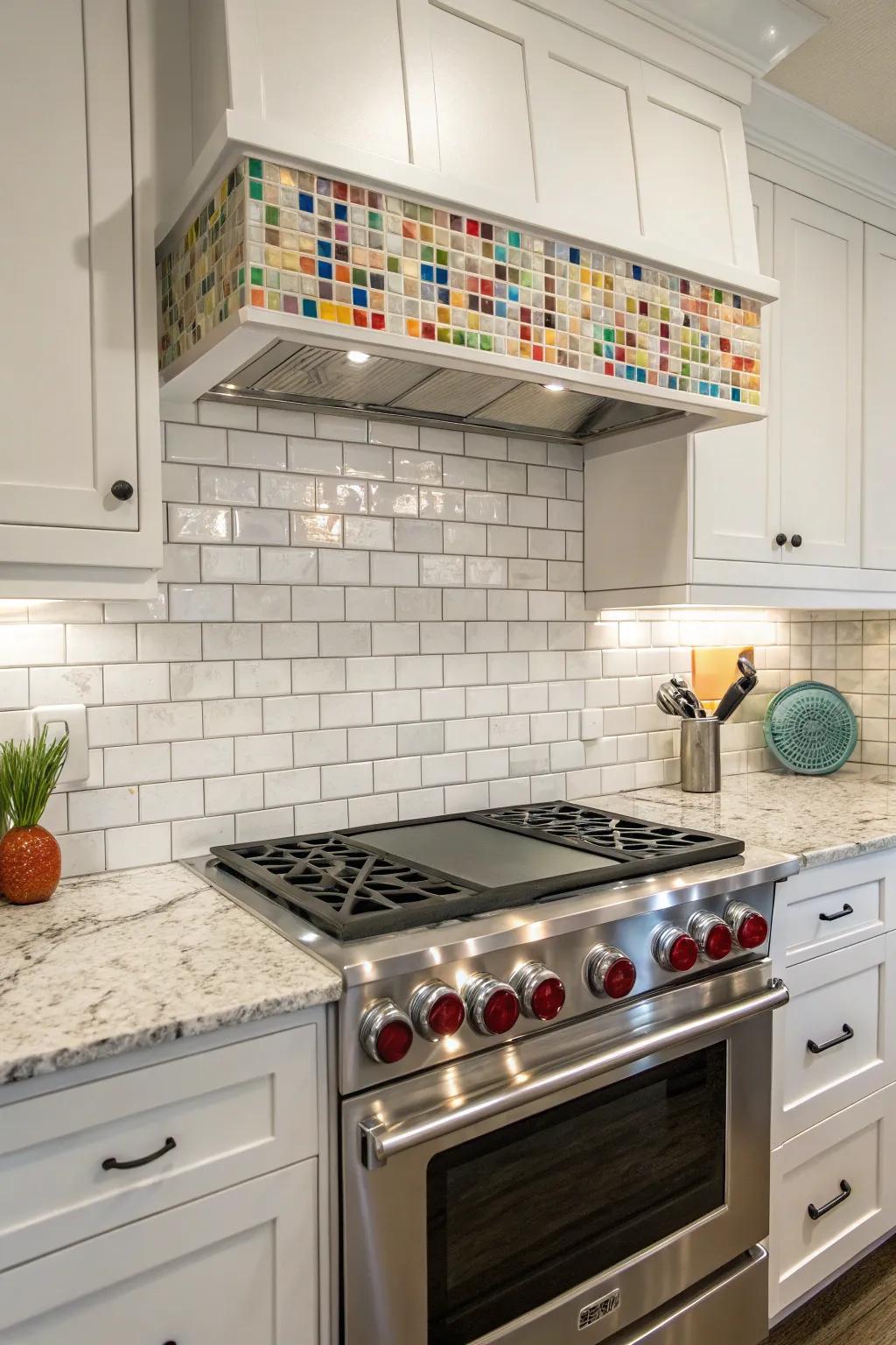 Patterned tiles including a sprinkle of personality to a frost white granite setting.