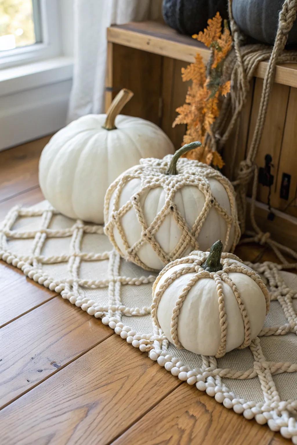 Boho-inspired macram&eacute; wrapped pumpkins.
