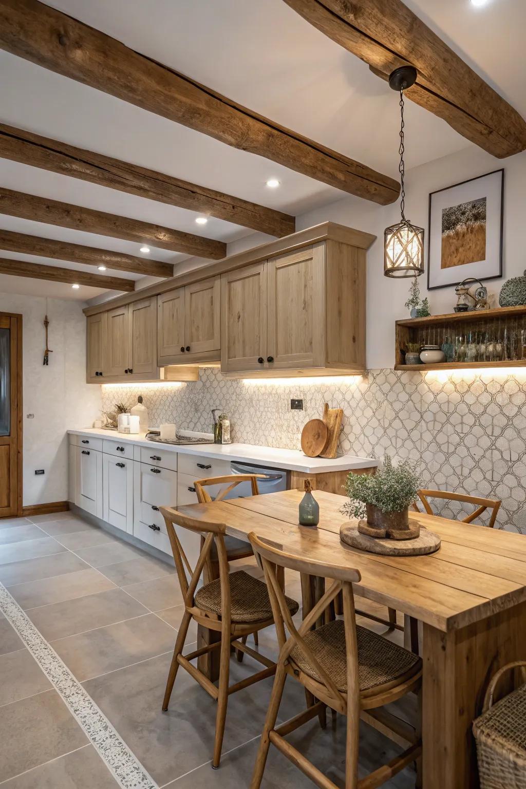 A kitchen showing a muted crystalized stone backsplash that provides a softer appearance.