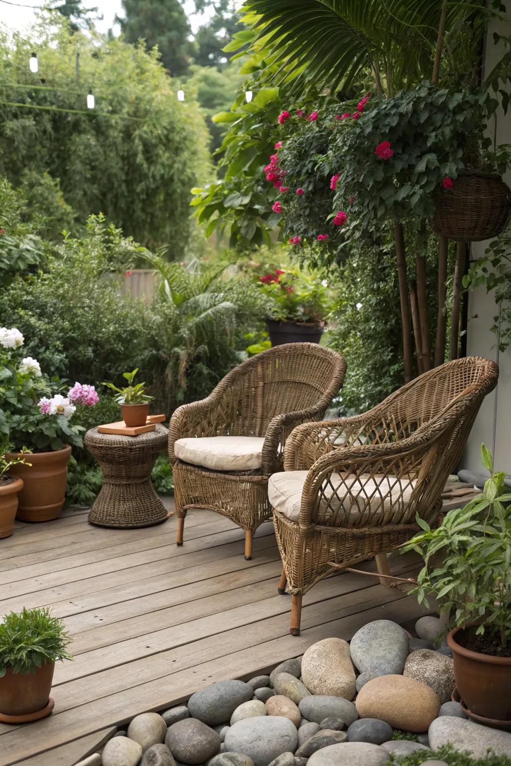 Rattan furniture harmonizing beautifully with natural features.