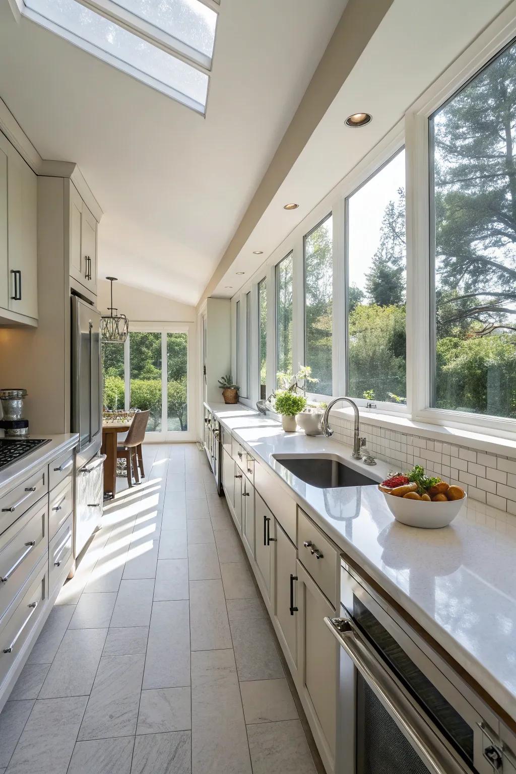 A kitchen filled with natural light, amplifying its expansive layout.