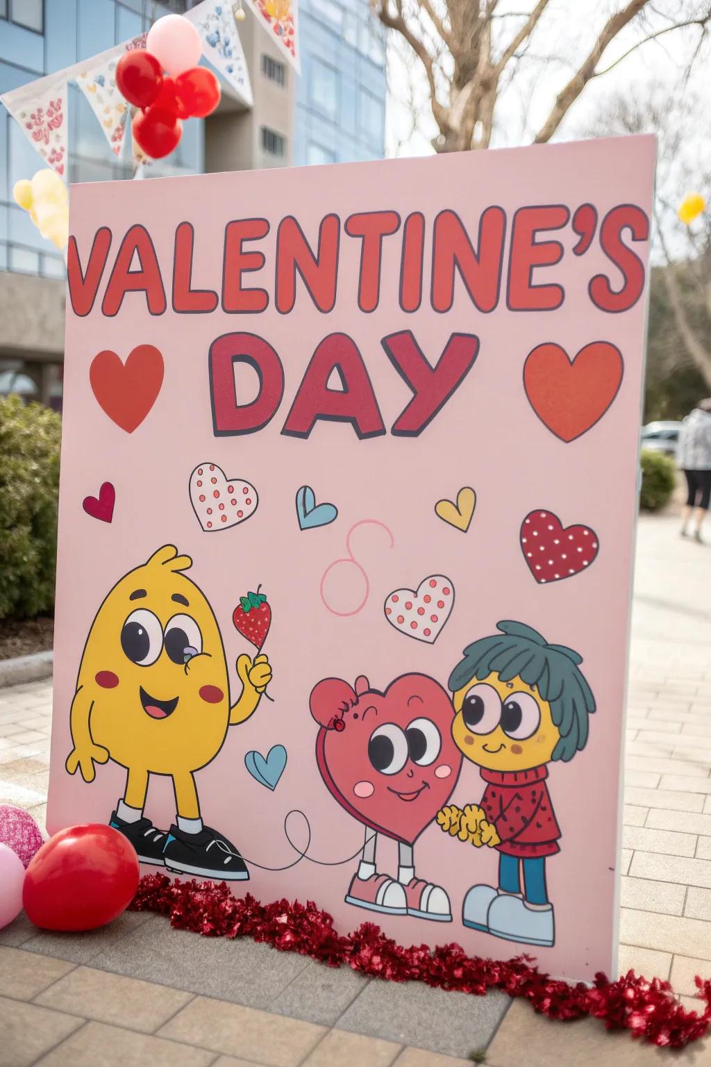 A fun-filled Valentine's poster showcasing humorous puns and bright cartoon drawings.