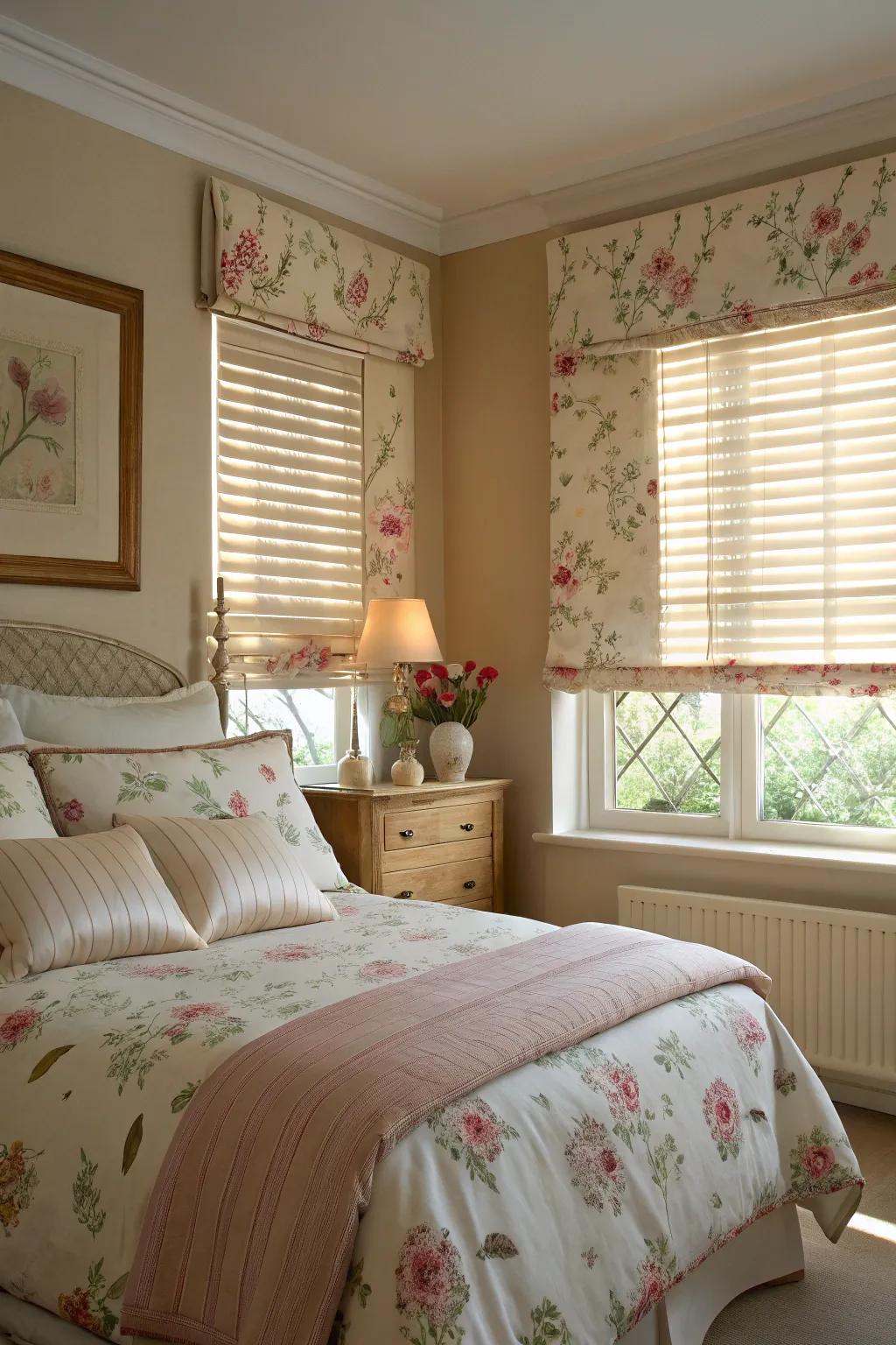 Perfectly coordinated window coverings and bedding enhance the bedroom's cohesive atmosphere.