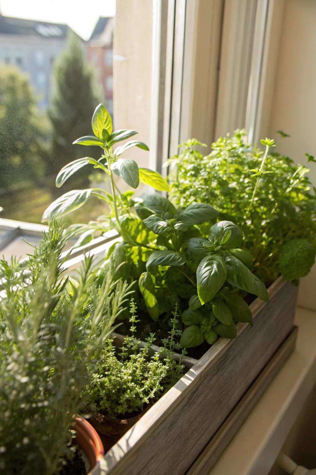 A window box brimming with fresh herbs for a functional and exquisite showcase